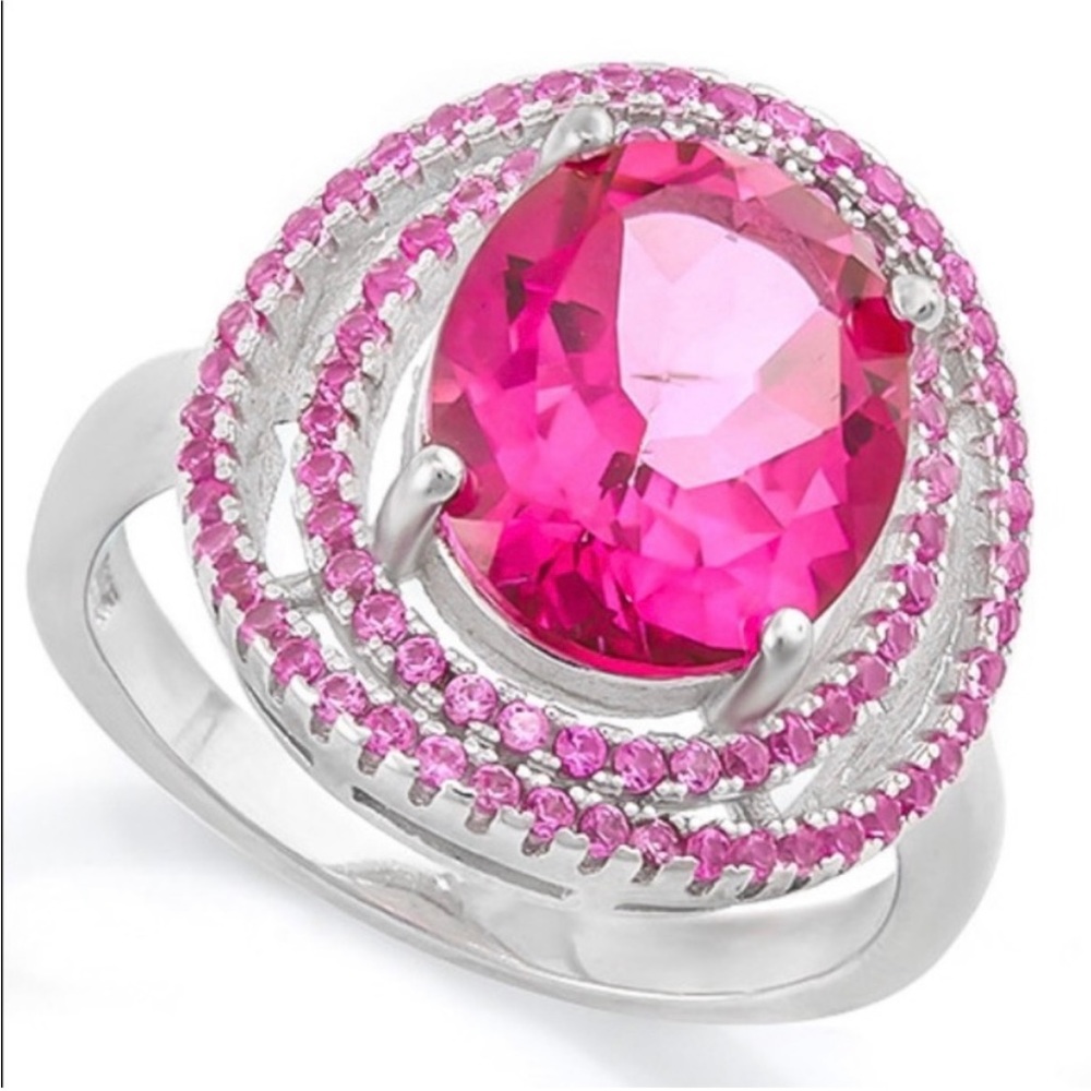 Large Pink Saphire double halo ring. Size 8.5.